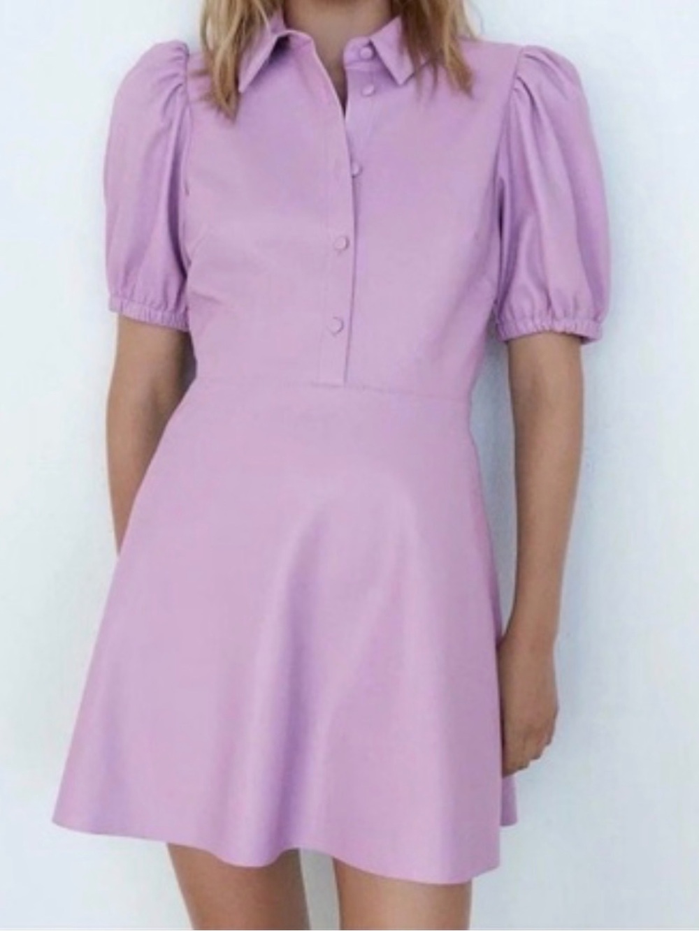 Zara Faux Leather Lilac Puff Sleeve Mini Dress